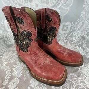 Ferrini Women Size 10 Red Leather Glitter Inlay Western Boots Square Toe Cowgirl
